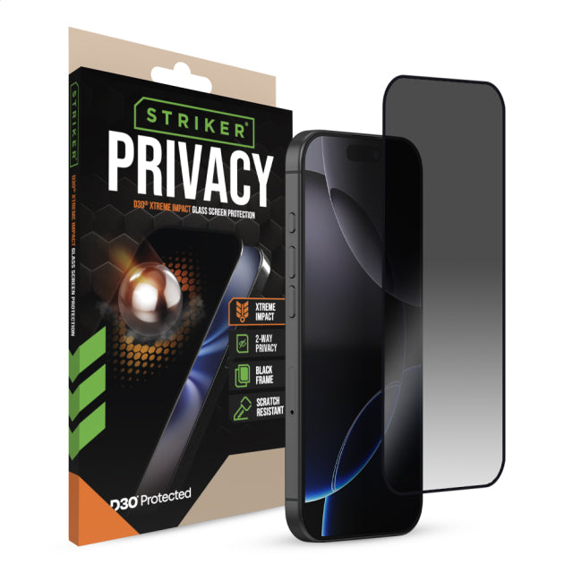 Striker D3O Xtreme Impact Privacy Glass Screen Protector - Black Frame - Apple iPhone 16 Pro