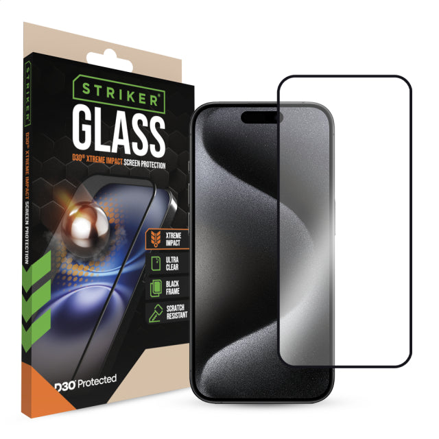 Striker D3O Xtreme Impact Glass Screen Protector - Black Frame - Apple iPhone 15 Pro